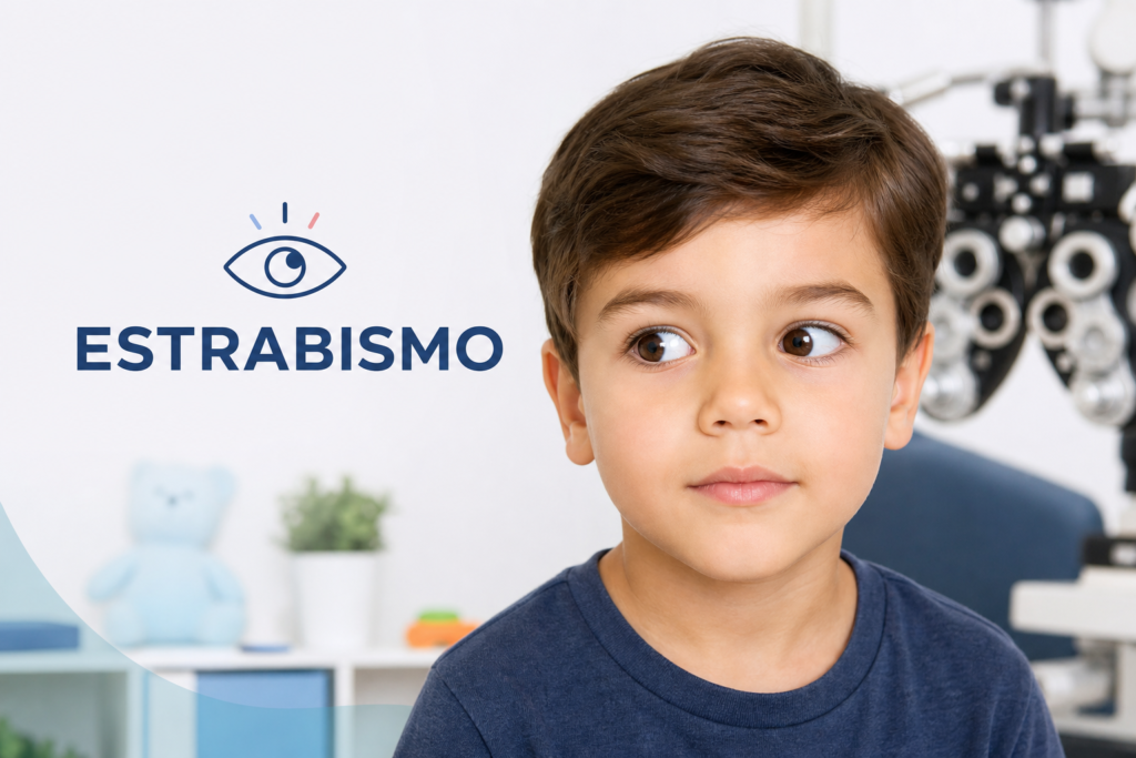 Menino com estrabismo em consulta oftalmológica, com o termo “ESTRABISMO” ao lado